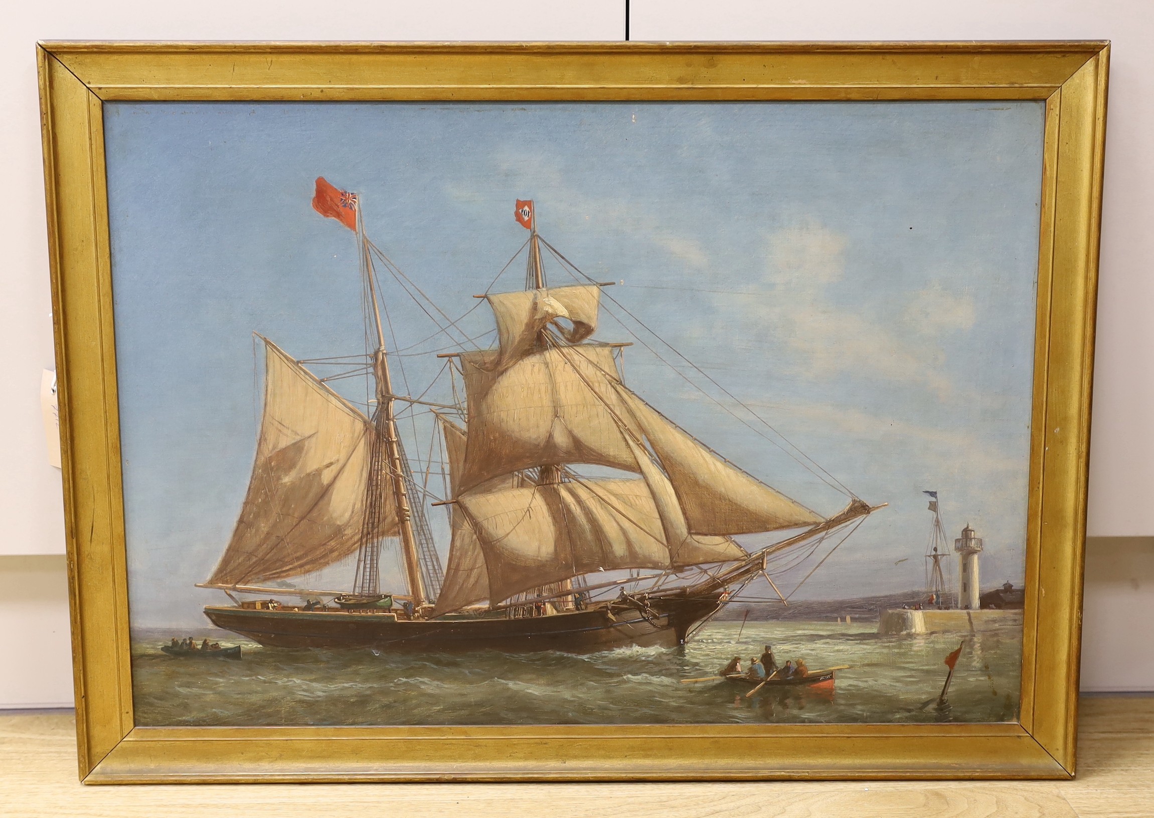 English School, oil on board, Study of a schooner entering harbour, 43 x 62cm